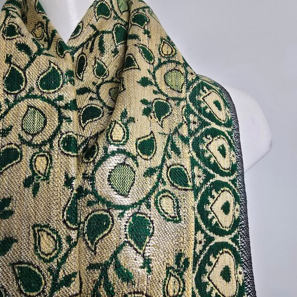Vintage Kashmiri Embroidery Green & Gold Wrap Scarf Made In India - Picture 3 of 7